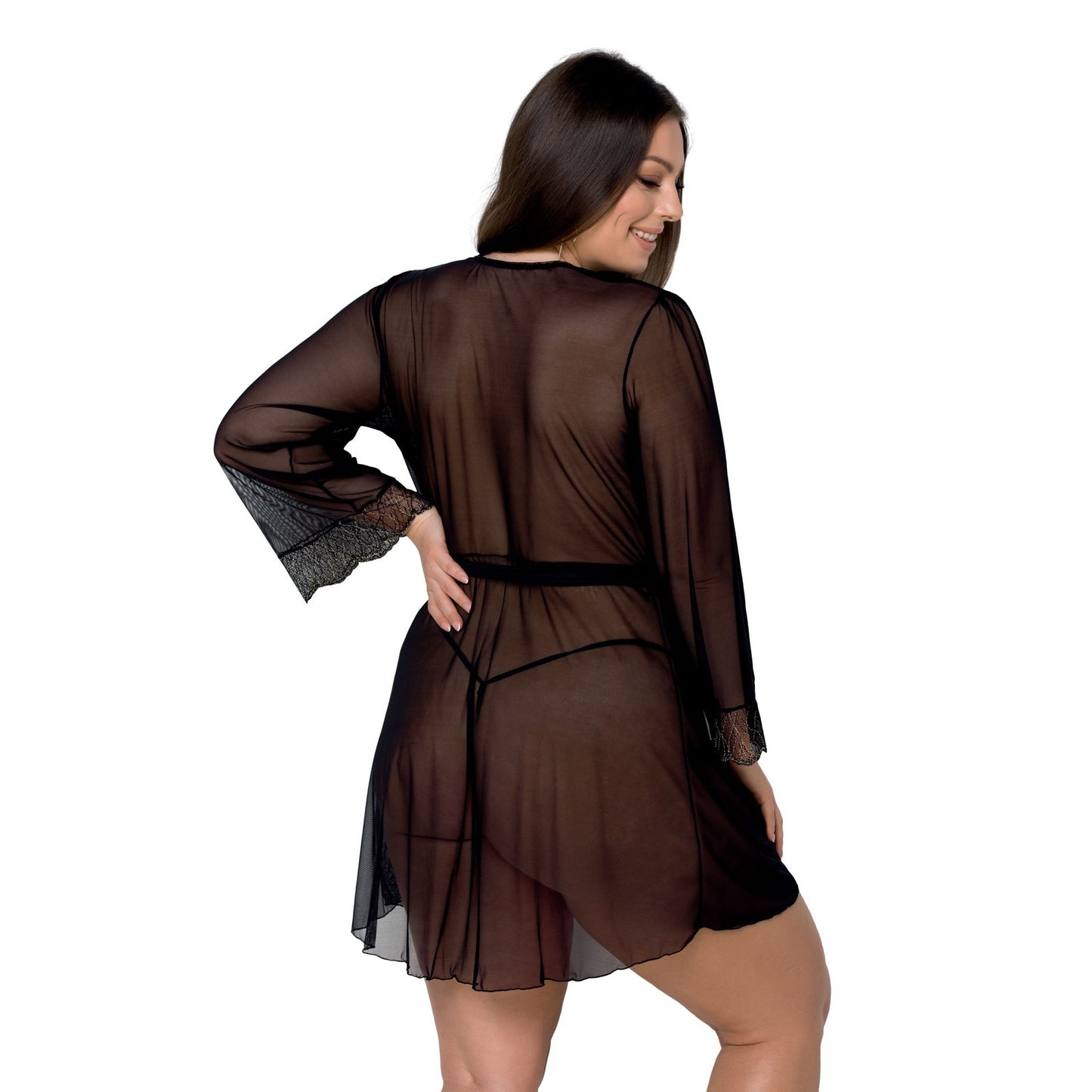 PASSION AMBERLY PEIGNOIR AND THONG BLACK QUEEN SIZE