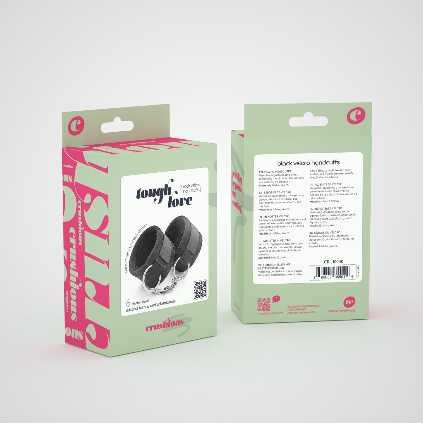 TOUGH LOVE VELCRO HANDCUFFS WITH EXTRA 40CM CHAIN CRUSHIOUS BLACK