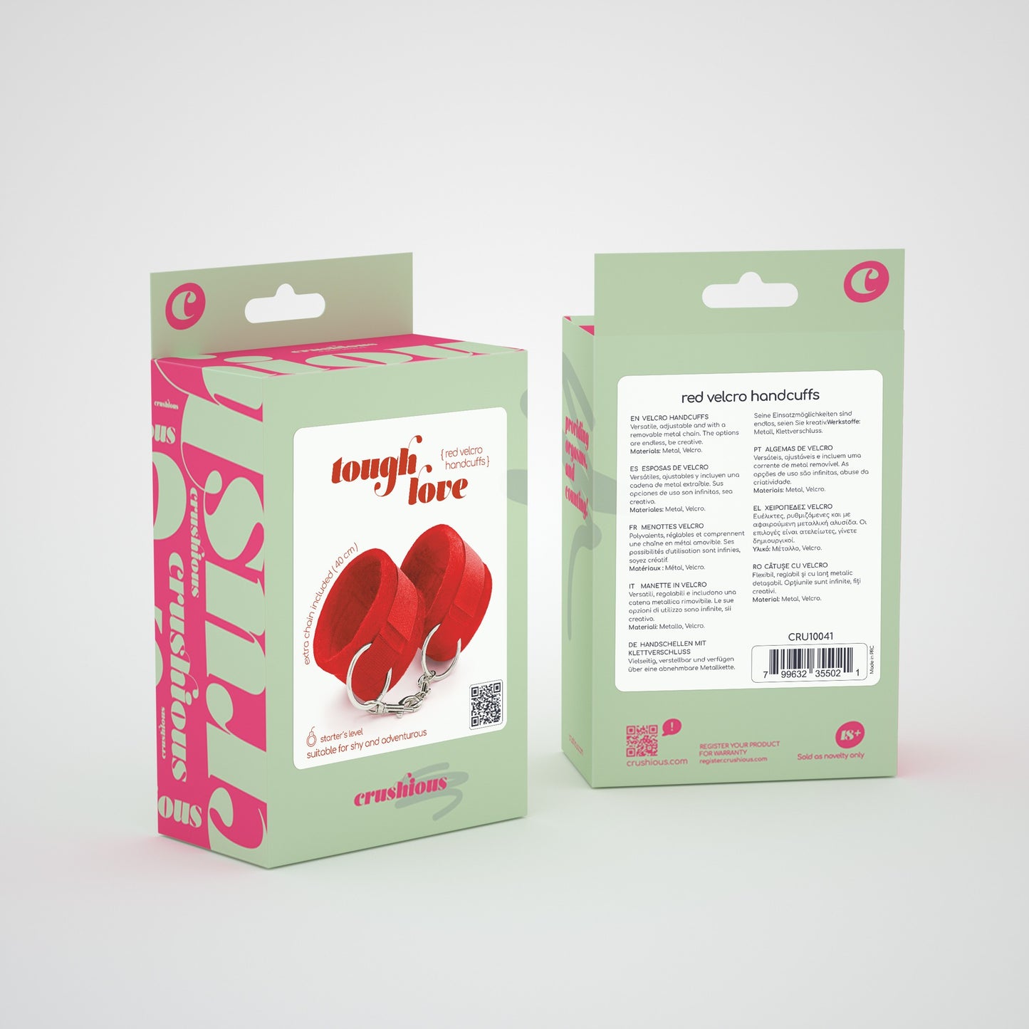 TOUGH LOVE VELCRO HANDCUFFS WITH EXTRA 40CM CHAIN CRUSHIOUS RED