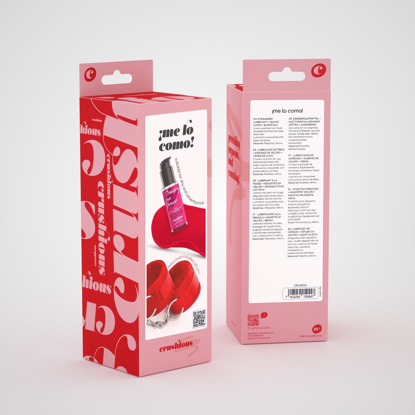 ME LO COMO VELCRO HANDCUFFS SET + SATIN BLINDFOLD AND STRAWBERRY KISSABLE LUBRICANT CRUSHIOUS