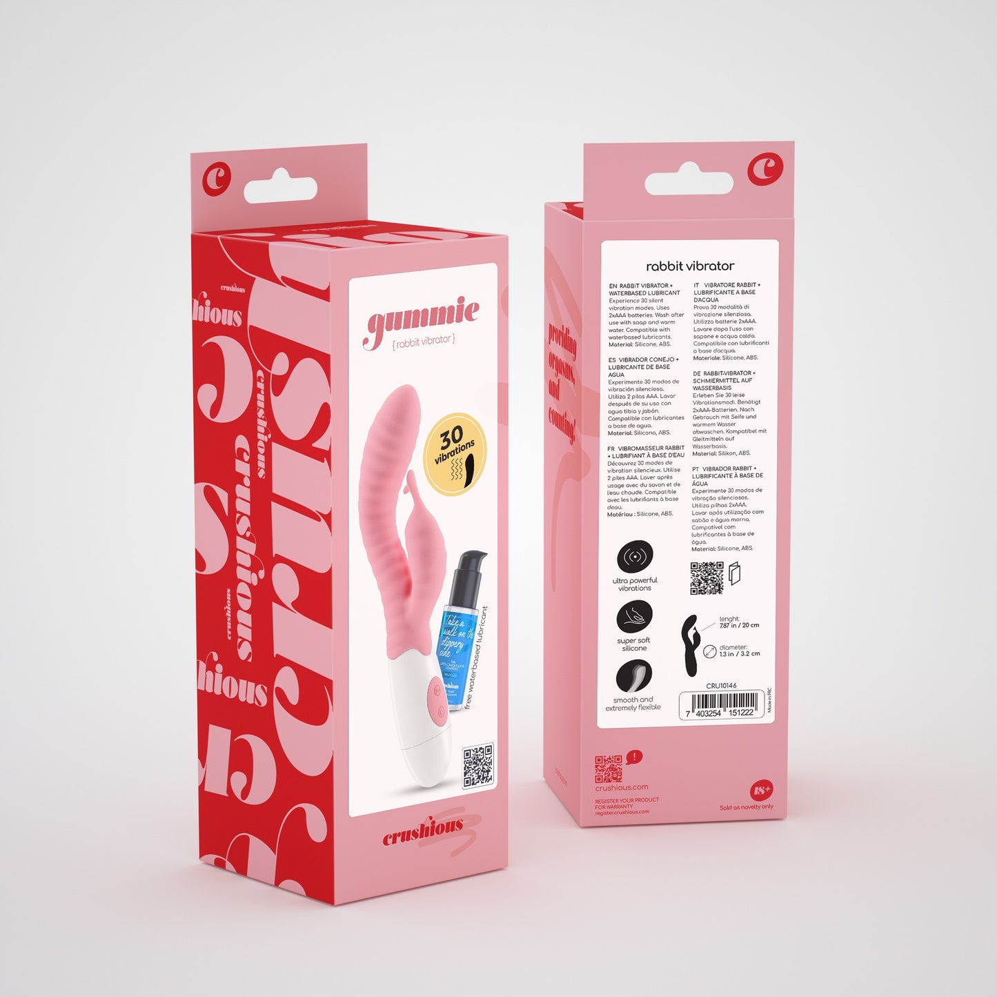 CRUSHIOUS GUMMIE RABBIT VIBRATOR PINK WITH WATERBASED LUBRICANT INCLUDED