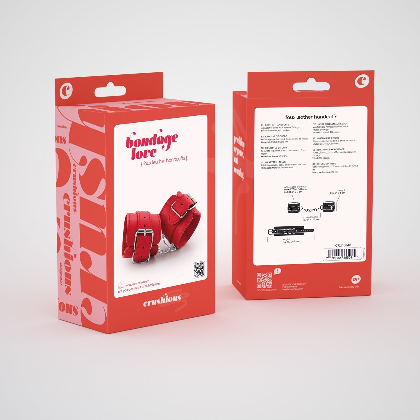 BONDAGE LOVE LEATHER HANDCUFFS CRUSHIOUS RED