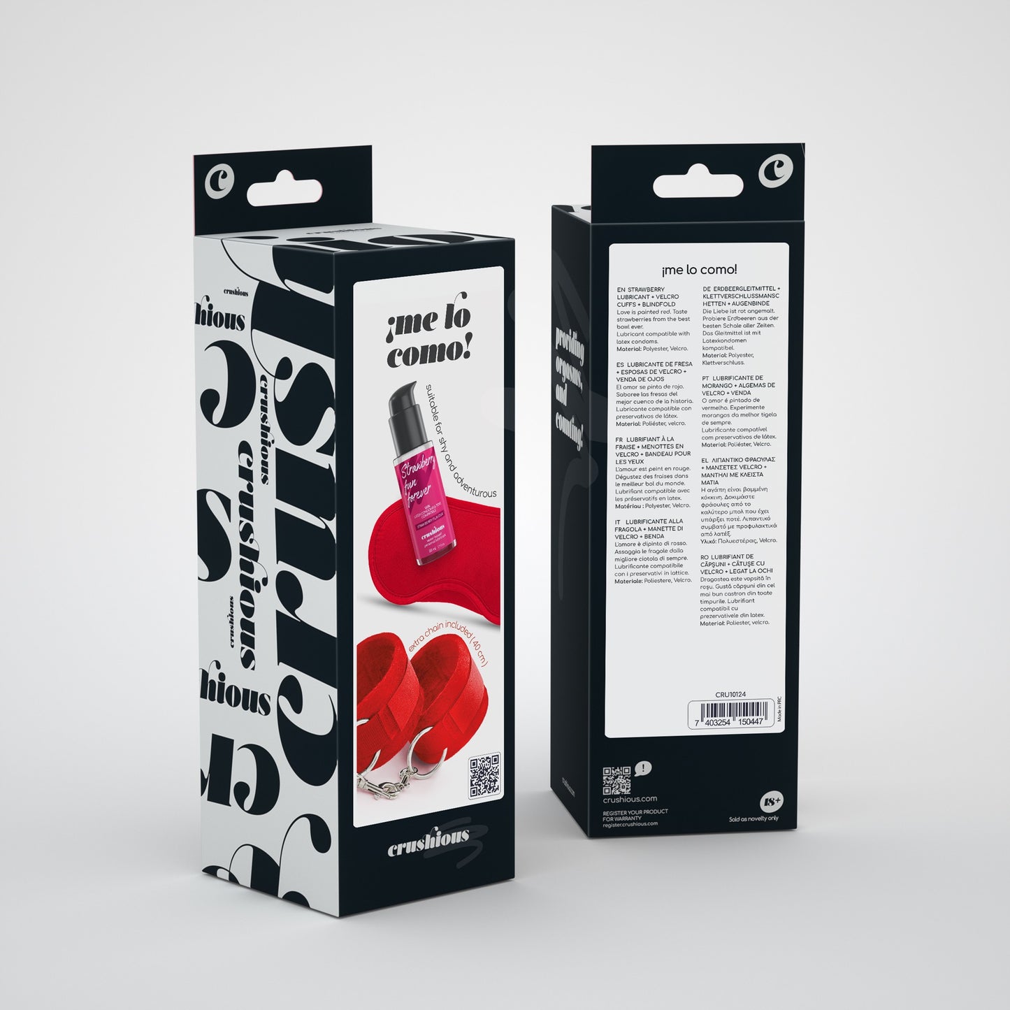 ME LO COMO VELCRO HANDCUFFS SET + SATIN BLINDFOLD AND STRAWBERRY KISSABLE LUBRICANT CRUSHIOUS