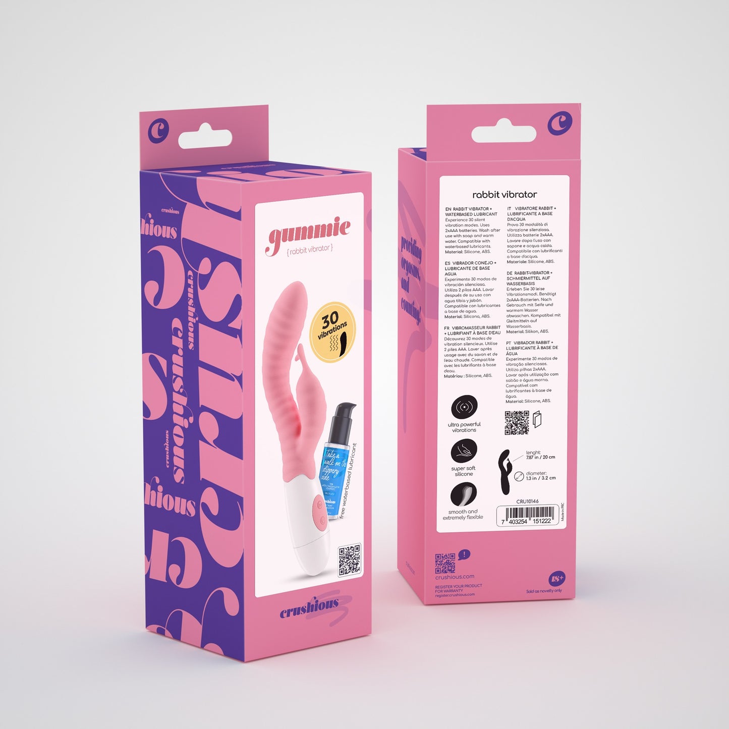CRUSHIOUS GUMMIE RABBIT VIBRATOR PINK WITH WATERBASED LUBRICANT INCLUDED