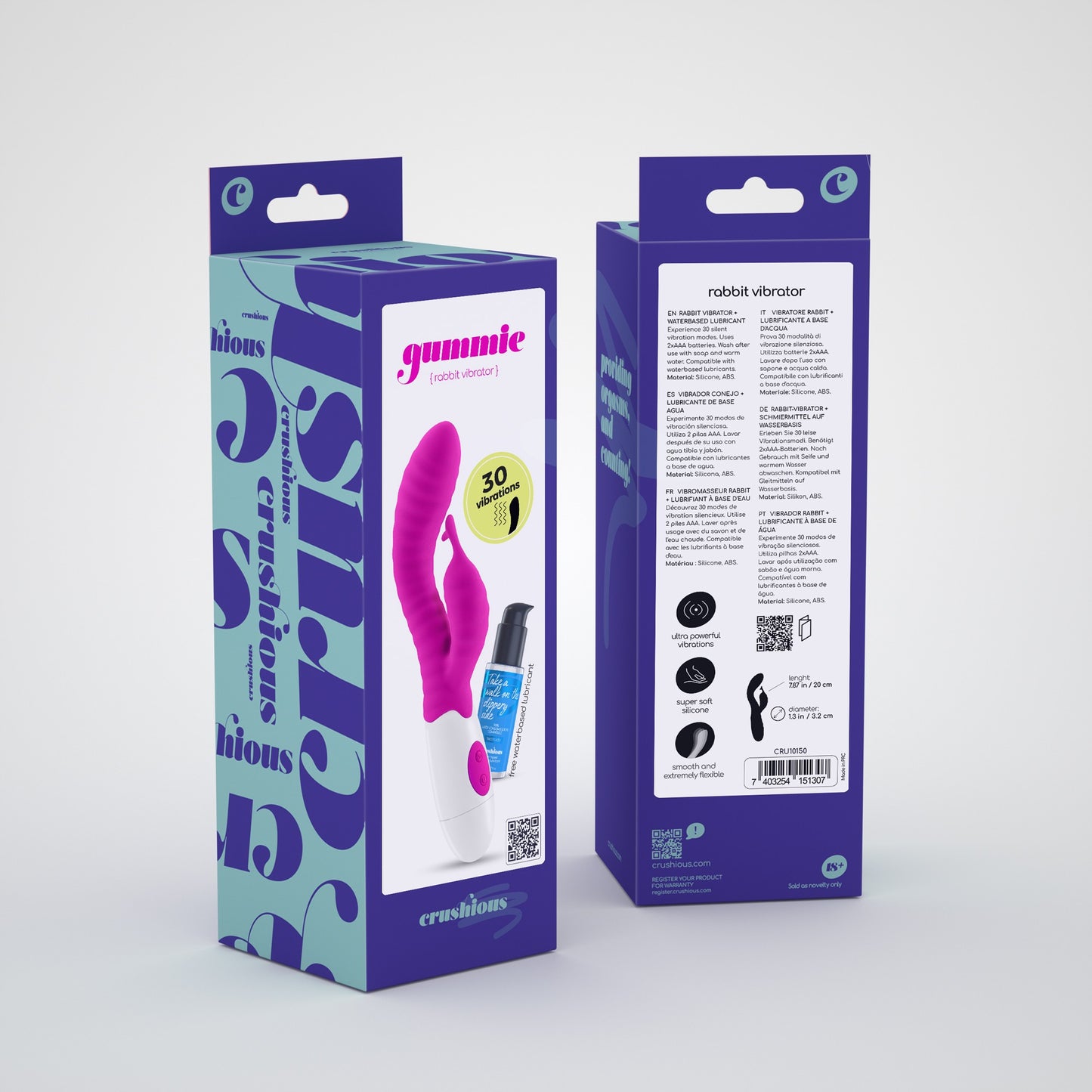 CRUSHIOUS GUMMIE RABBIT VIBRATOR PURPLE WITH WATERBASED LUBRICANT INCLUDED