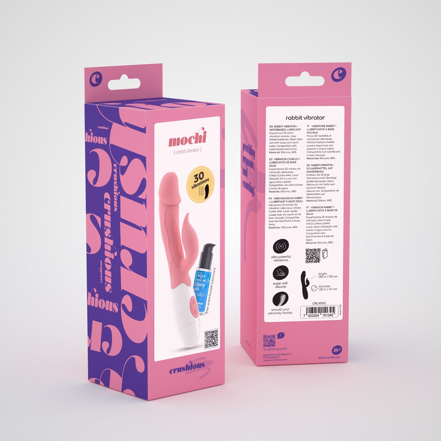 CRUSHIOUS MOCHI RABBIT VIBRATOR PINK WITH WATERBASED LUBRICANT INCLUDED