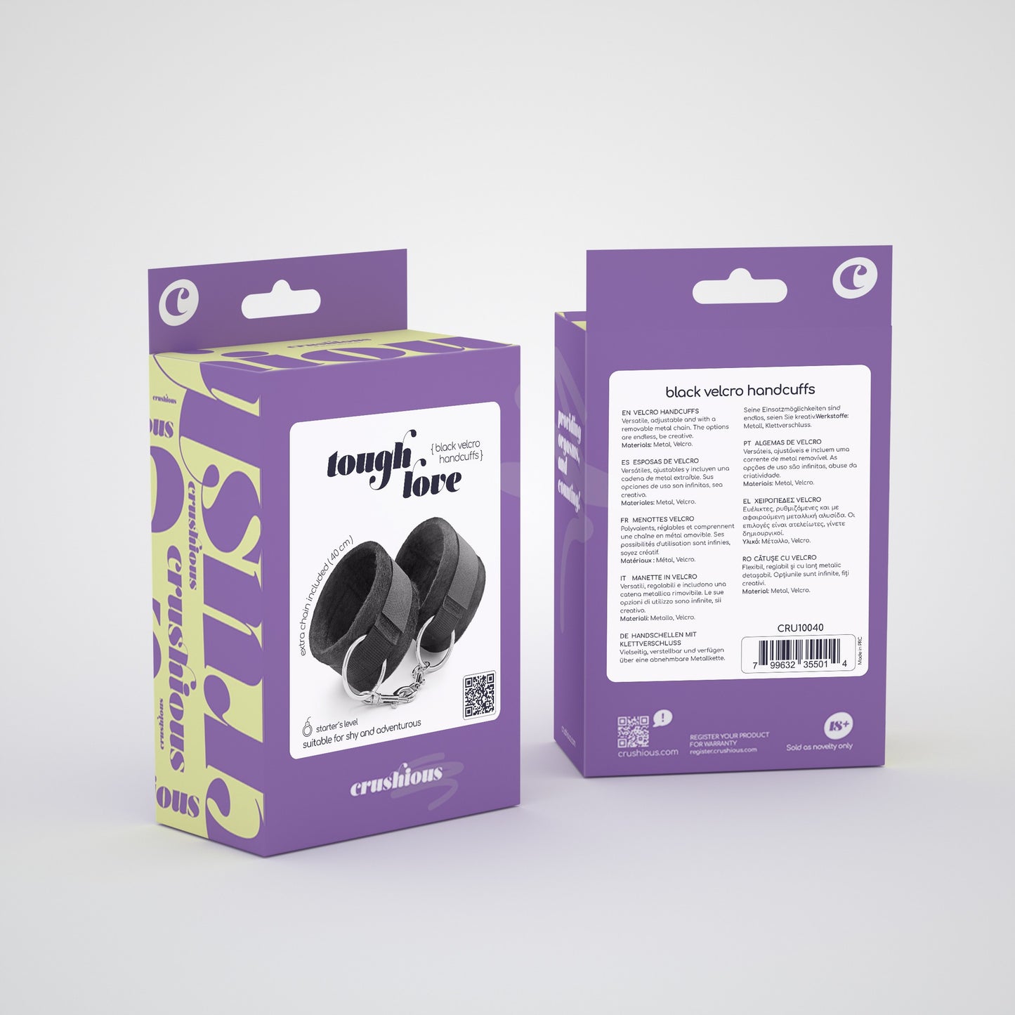 TOUGH LOVE VELCRO HANDCUFFS WITH EXTRA 40CM CHAIN CRUSHIOUS BLACK