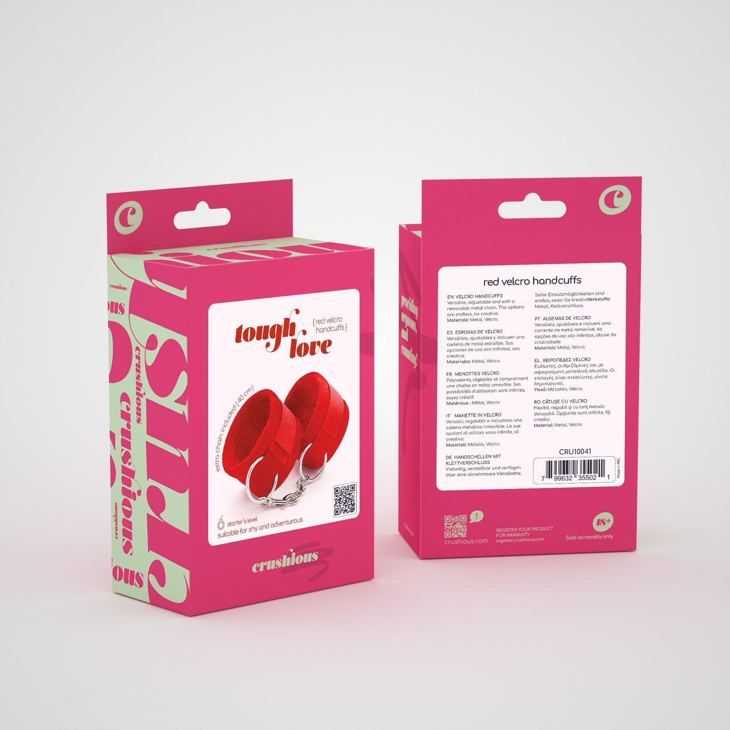 TOUGH LOVE VELCRO HANDCUFFS WITH EXTRA 40CM CHAIN CRUSHIOUS RED