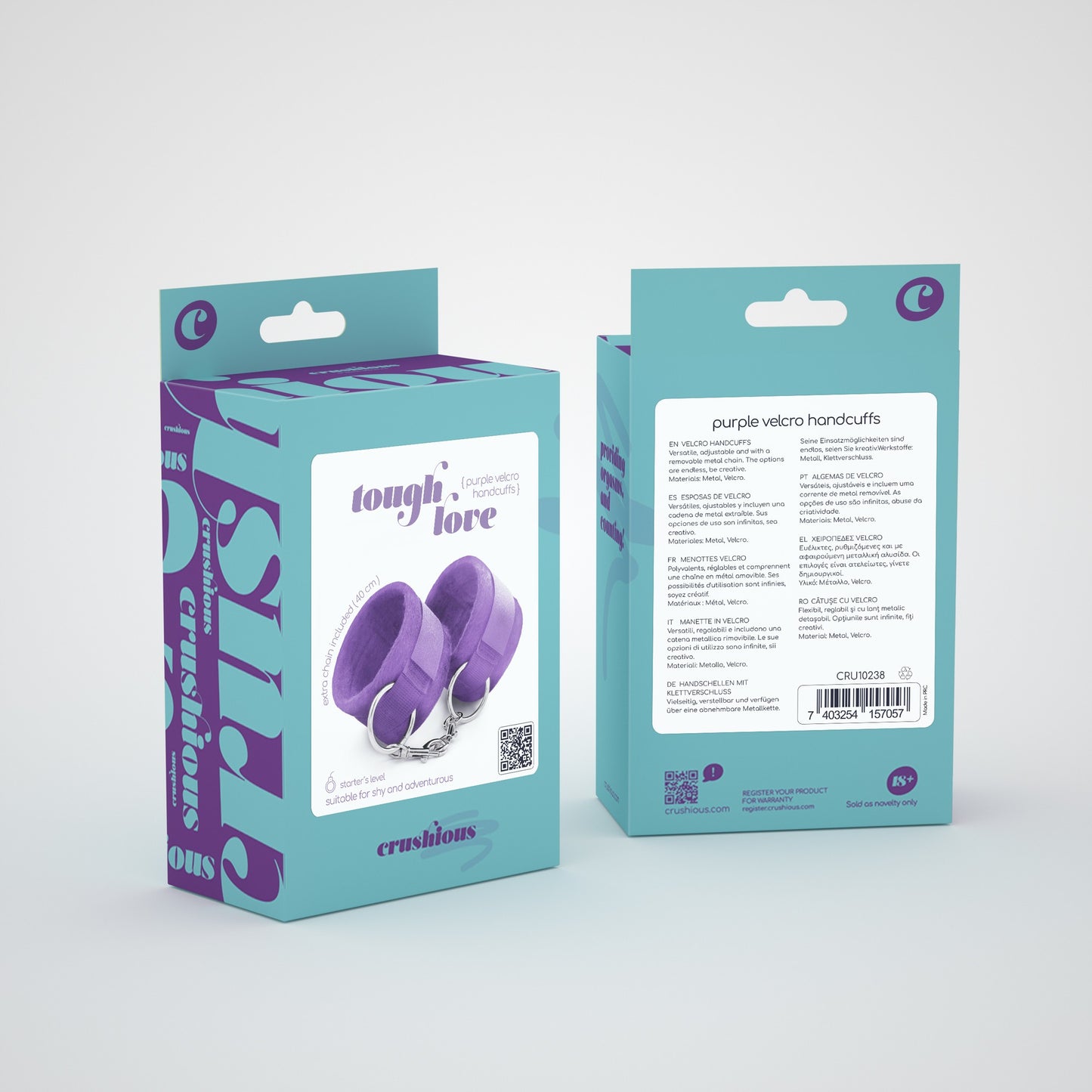 TOUGH LOVE VELCRO HANDCUFFS WITH EXTRA 40CM CHAIN CRUSHIOUS PURPLE