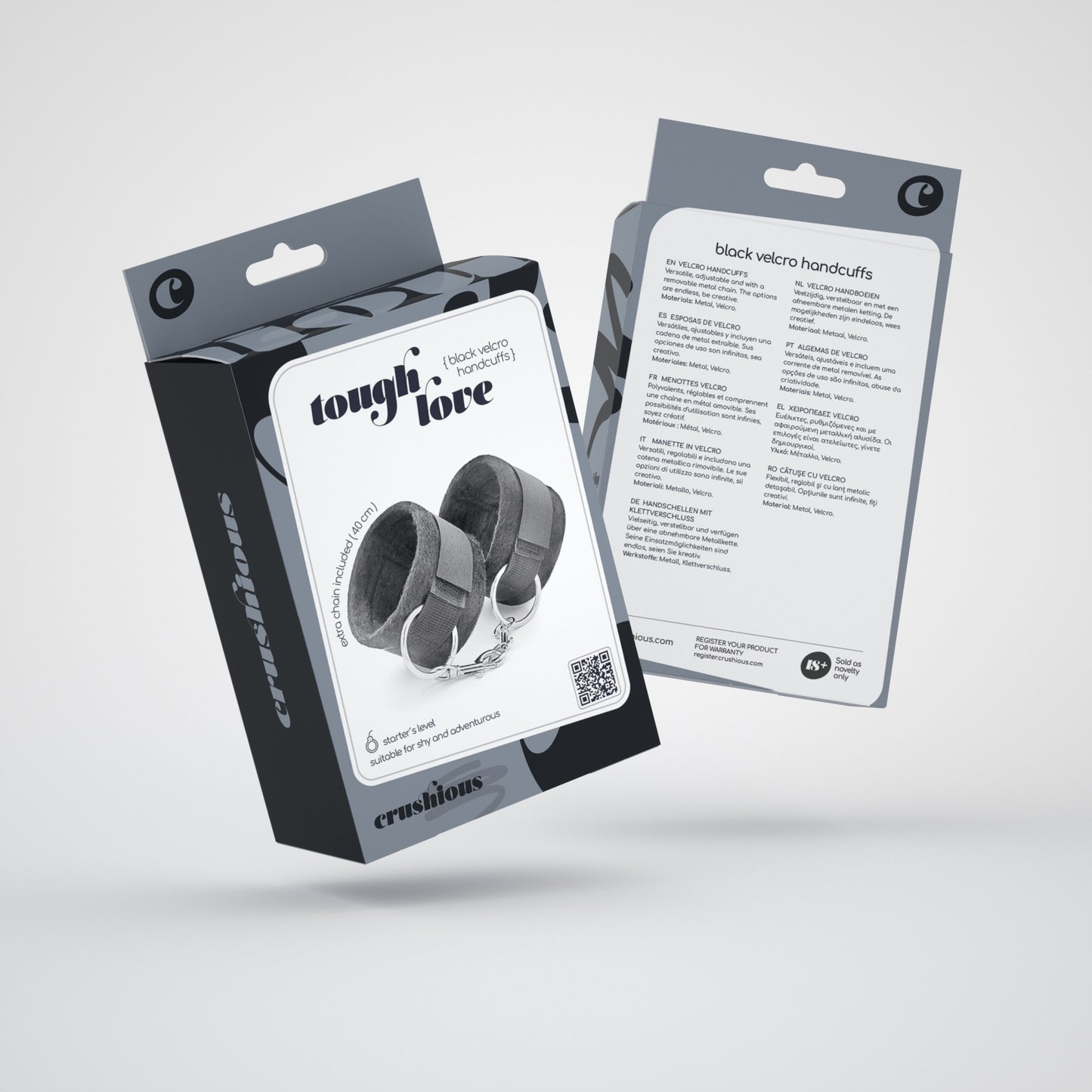 TOUGH LOVE VELCRO HANDCUFFS WITH EXTRA 40CM CHAIN CRUSHIOUS BLACK