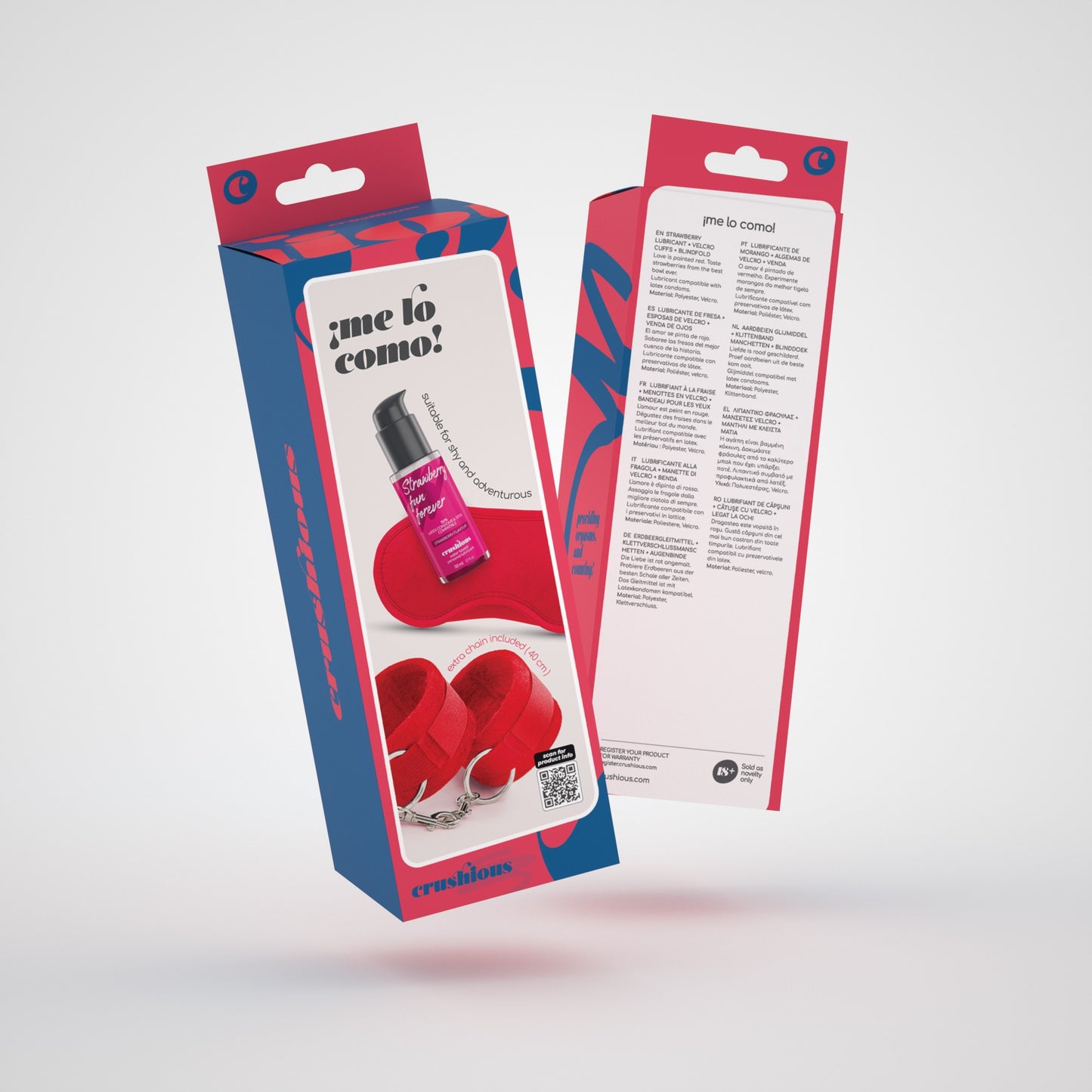 ME LO COMO VELCRO HANDCUFFS SET + SATIN BLINDFOLD AND STRAWBERRY KISSABLE LUBRICANT CRUSHIOUS